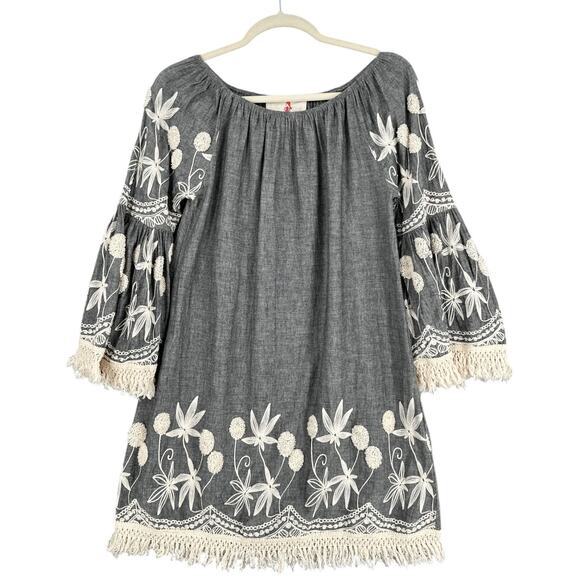Boho Jane Grey Bell Sleeves Floral‎ Embroidery Tassel Trim Peasant Dress Small - Picture 1 of 8